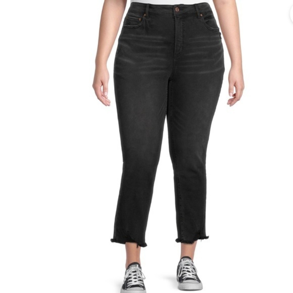 Terra & Sky sz 24W black distressed frayed hem ankle crop high rise skinny jeans